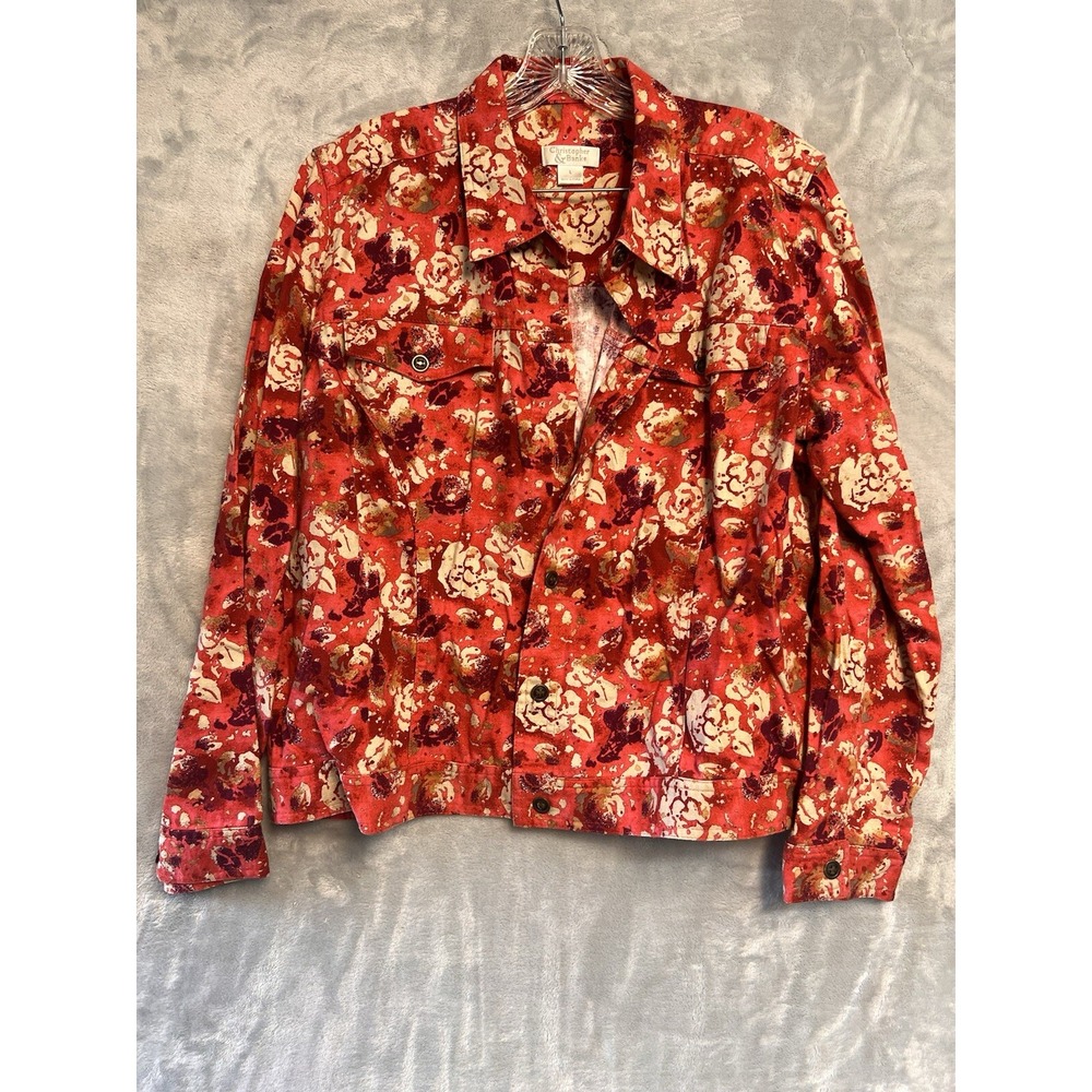 Christopher & Banks Womens Jacket Floral Print‎ Red Linen Cotton Blend Size L